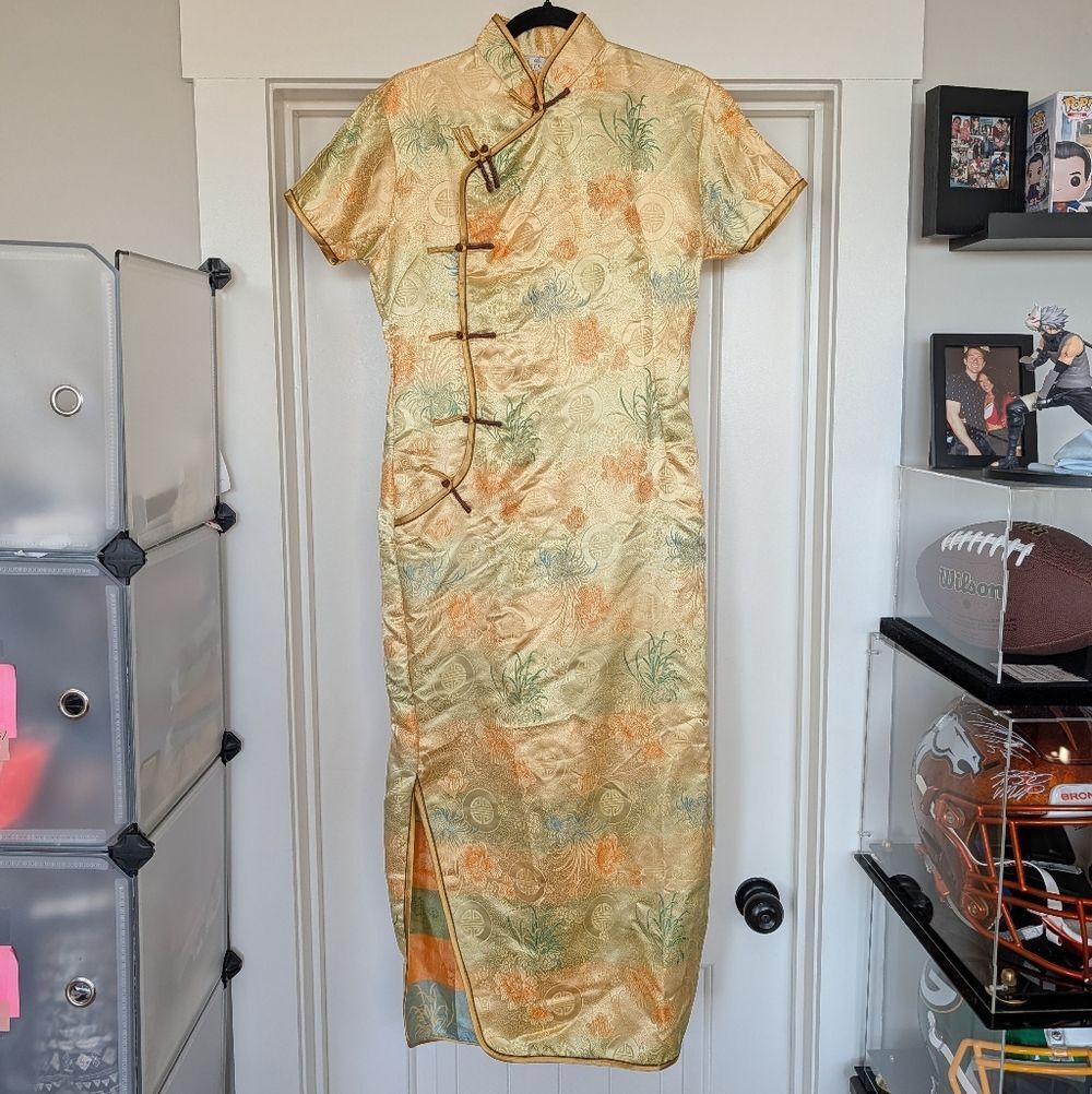 Visifushi XXXL Womens Gold Yellow Floral Chinese Cheongsam Maxi Dress Size 44 - Picture 3 of 12